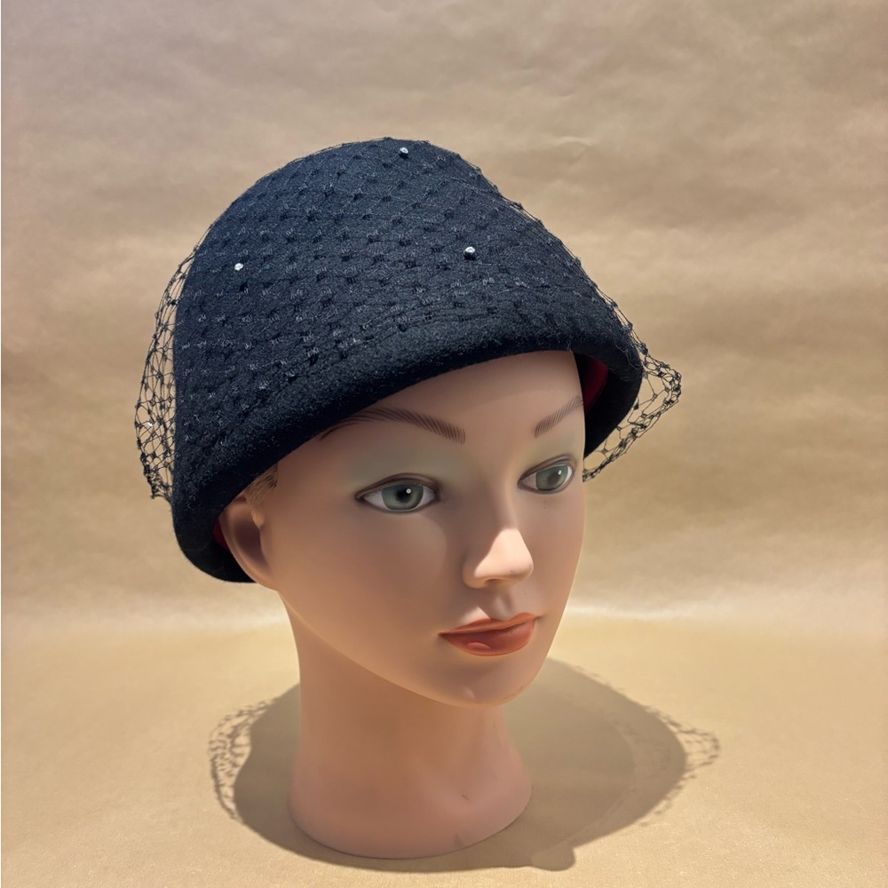 Simon Chang Black Veiled Hat with rhinestone Accents